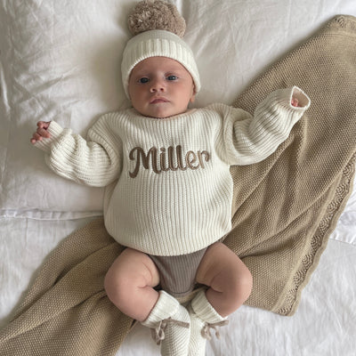 Baby White Bold Script Personalised Knitted Jumper