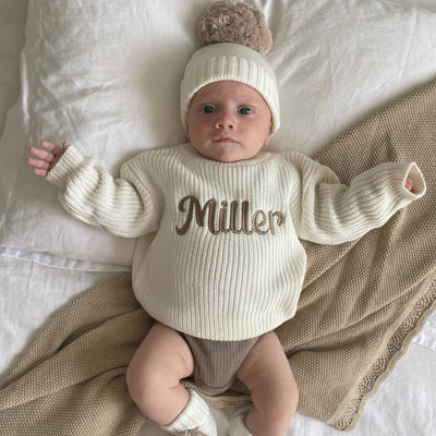 Baby White Bold Script Personalised Knitted Jumper