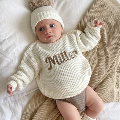 Baby White Bold Script Personalised Knitted Jumper
