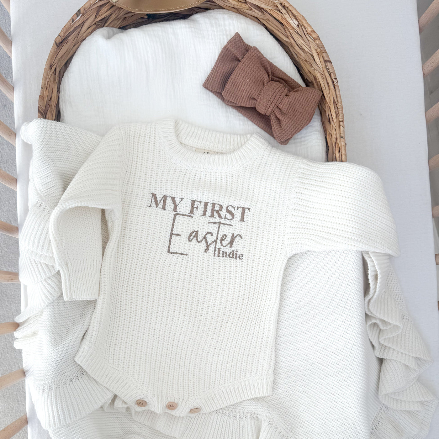 First Easter White Personalised Luxury Knitted Romper