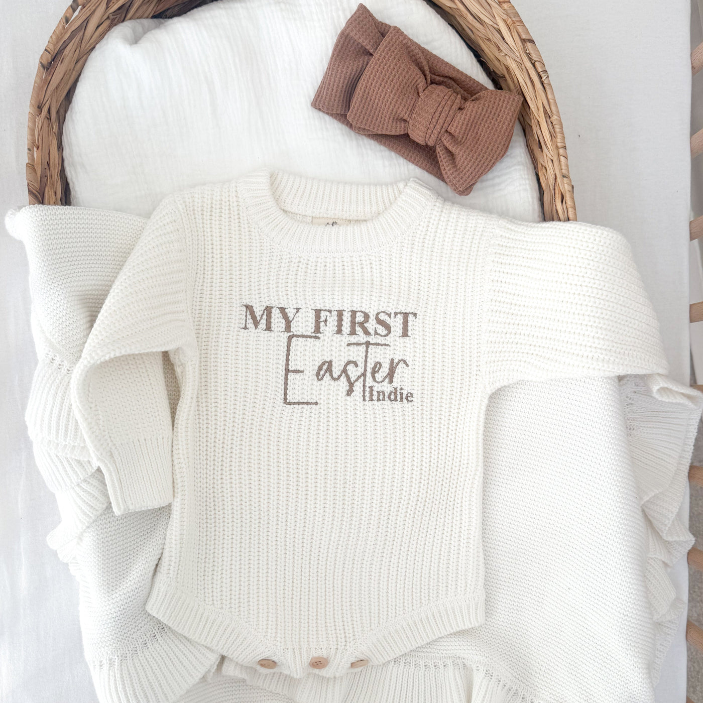 First Easter White Personalised Luxury Knitted Romper