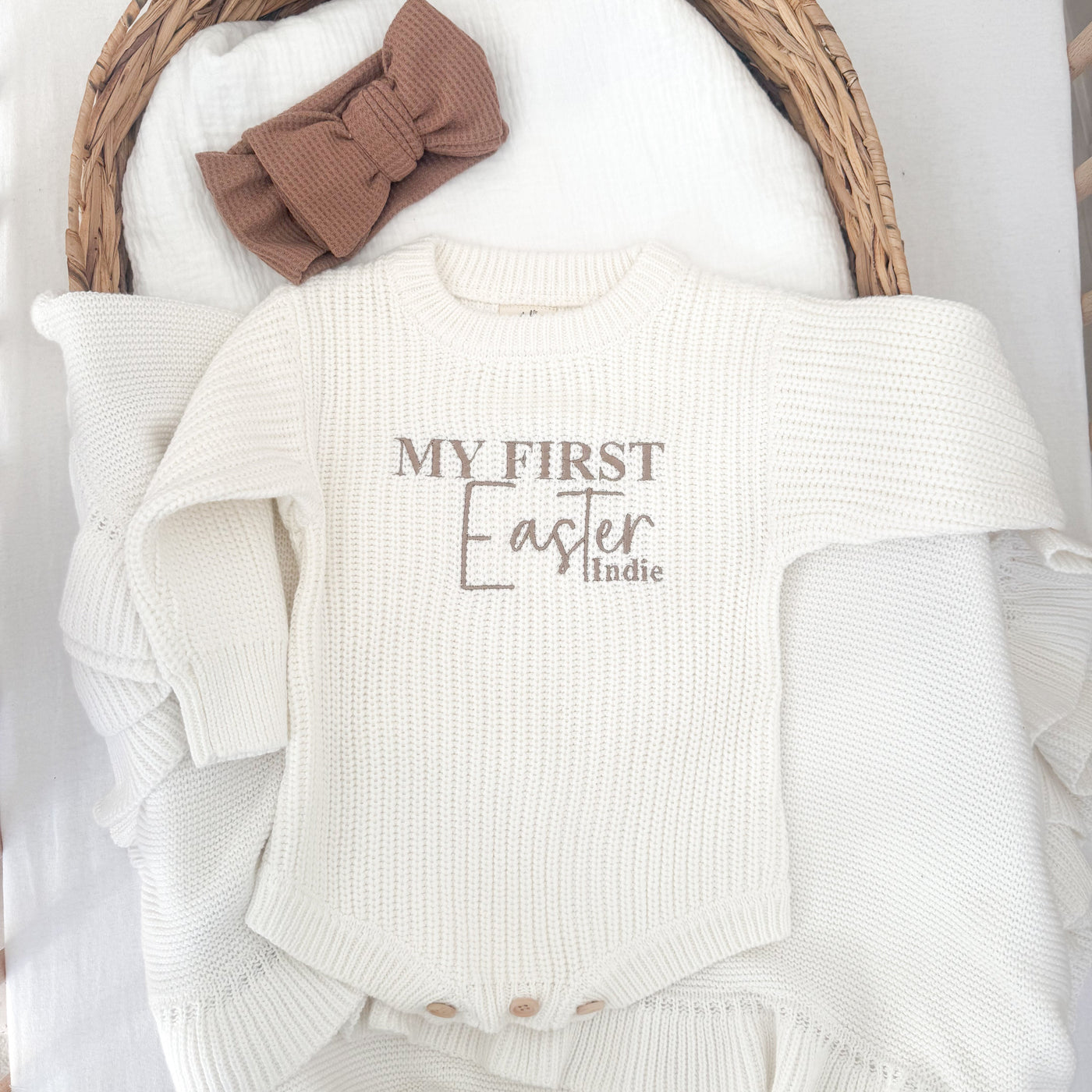 First Easter White Personalised Luxury Knitted Romper