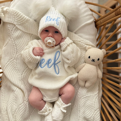 Baby White Fancy Script Personalised Knitted Jumper and Hat Bundle