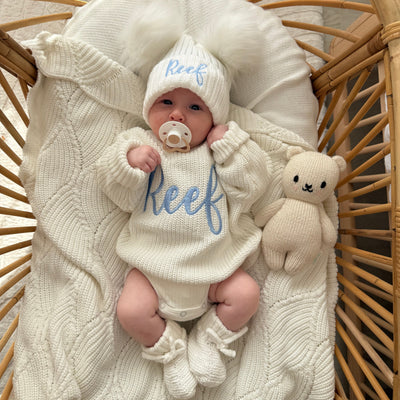 Baby White Fancy Script Personalised Knitted Jumper and Hat Bundle