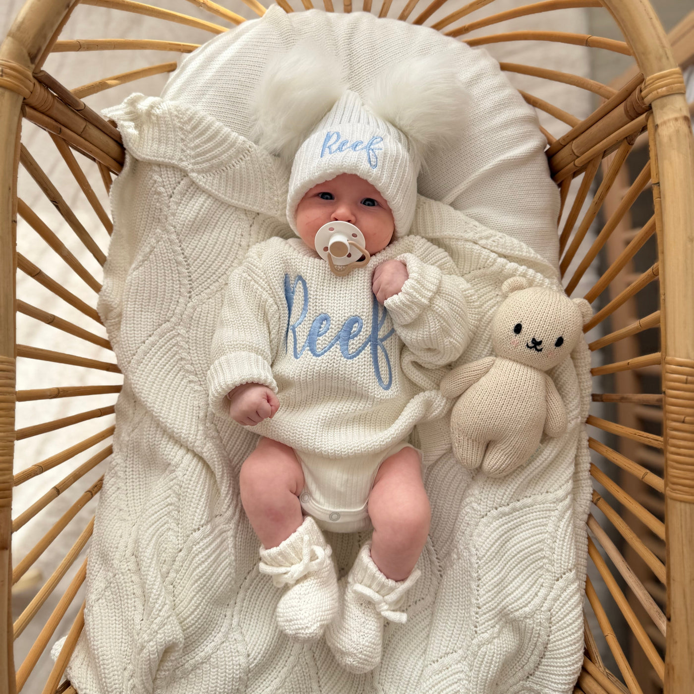 Baby White Fancy Script Personalised Knitted Jumper and Hat Bundle