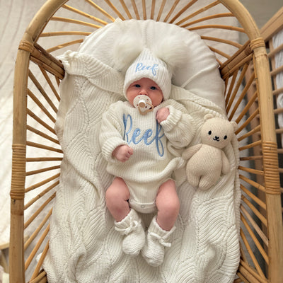 Baby White Fancy Script Personalised Knitted Jumper and Hat Bundle