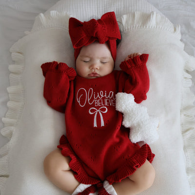 Red Pointelle Believes Christmas Frill Knitted Romper