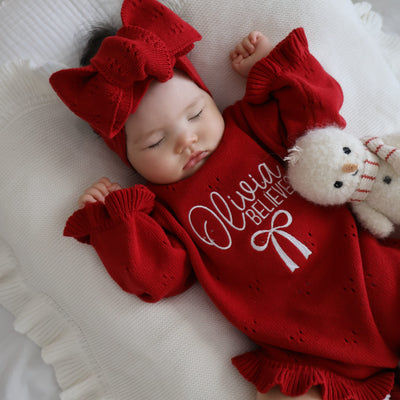 Red Pointelle Believes Christmas Frill Knitted Romper