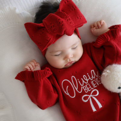 Red Pointelle Believes Christmas Frill Knitted Romper