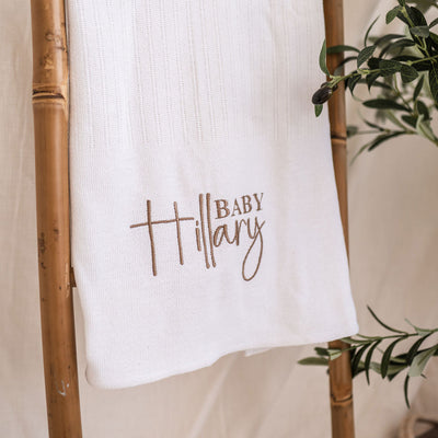White Script Name Knitted Cellular Blanket, New Baby Prsonalised Blanket