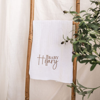 White Script Name Knitted Cellular Blanket, New Baby Prsonalised Blanket