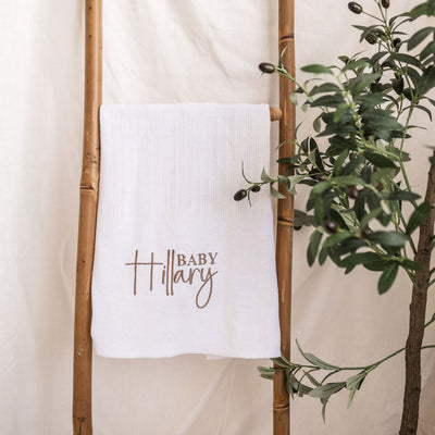 White Script Name Knitted Cellular Blanket, New Baby Prsonalised Blanket