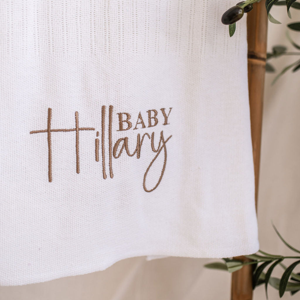 White Script Name Knitted Cellular Blanket, New Baby Prsonalised Blanket