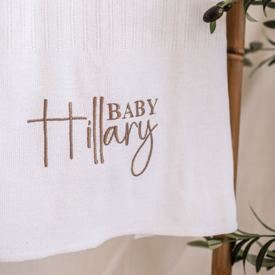 White Script Name Knitted Cellular Blanket, New Baby Prsonalised Blanket