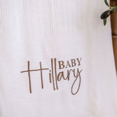 White Script Name Knitted Cellular Blanket, New Baby Prsonalised Blanket
