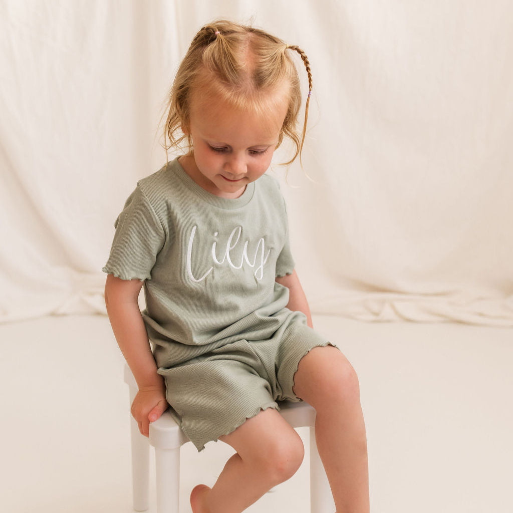Sage Green Ribbed Personalised Short Set