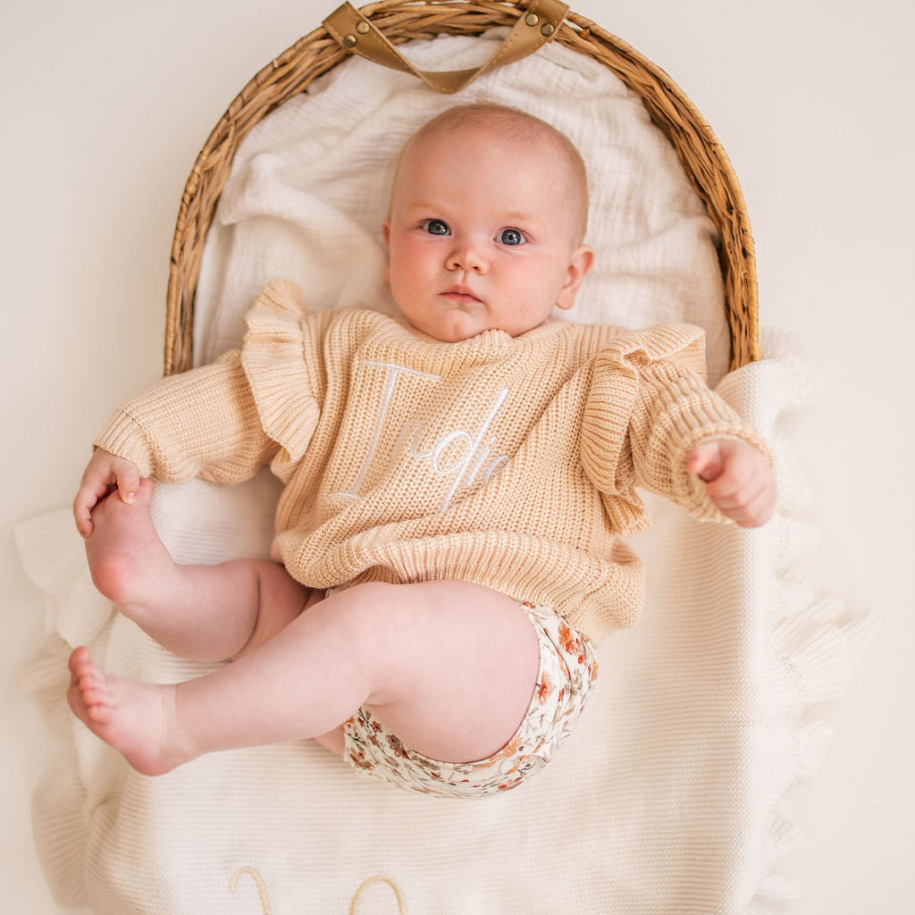 Beige Personalised Frill Sleeve Knitted Jumper