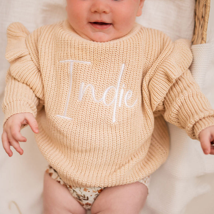 Beige Personalised Frill Sleeve Knitted Jumper