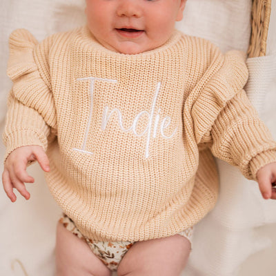 Beige Personalised Frill Sleeve Knitted Jumper