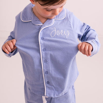 Blue Embroidered Classic Pyjamas - Amber and Noah