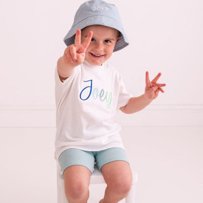 Blue Pastel Script Embroidered Tshirt - Amber and Noah