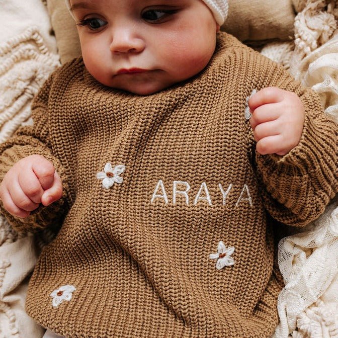 Brown Personalised Floral Knitted Jumper PRE ORDER - Amber and Noah