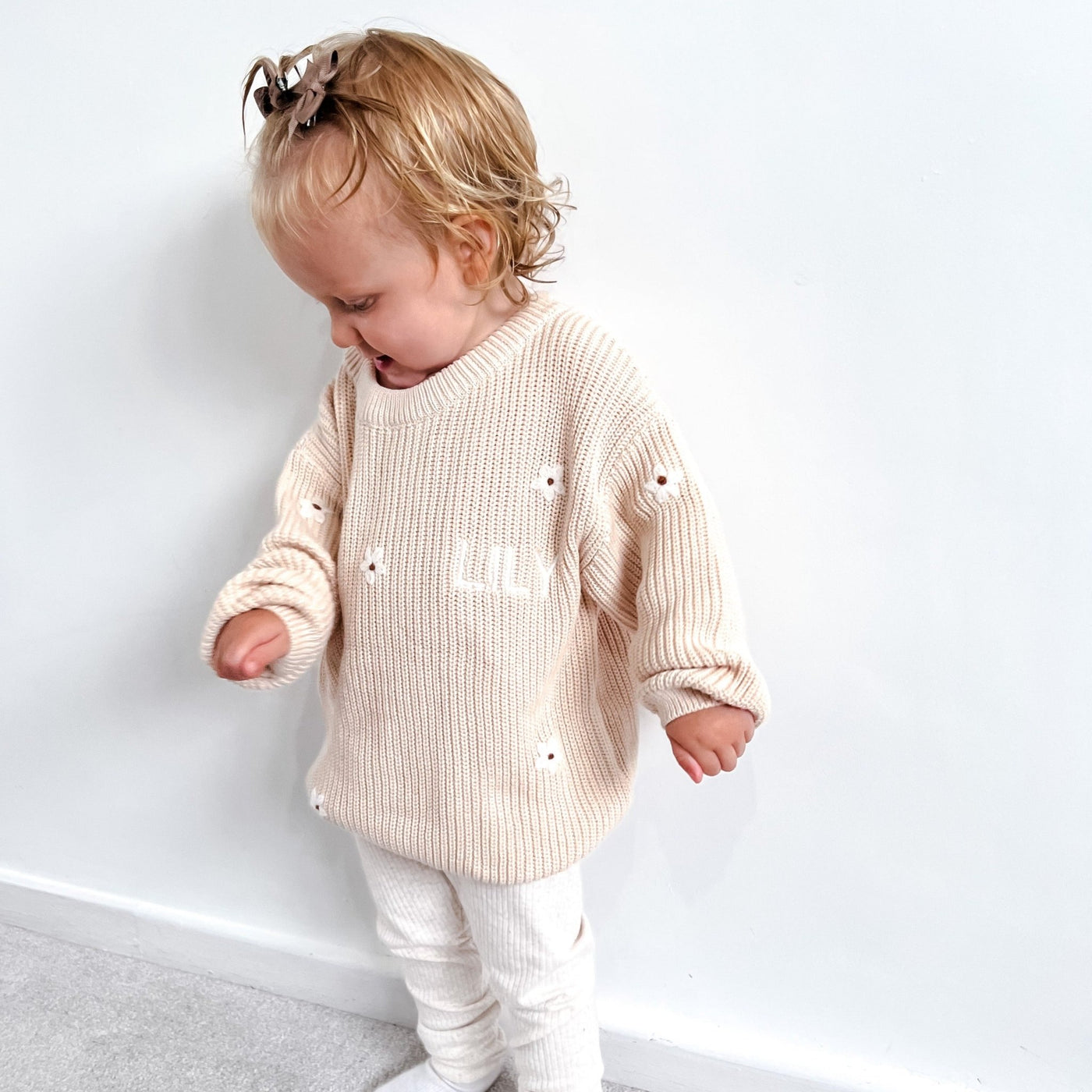 Cream Personalised Floral Knitted Jumper - Amber and Noah