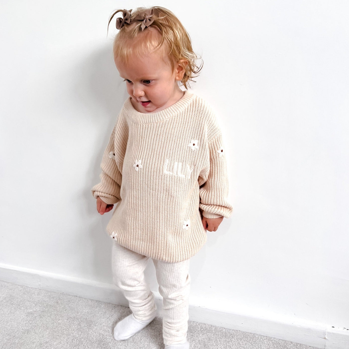Cream Personalised Floral Knitted Jumper - Amber and Noah