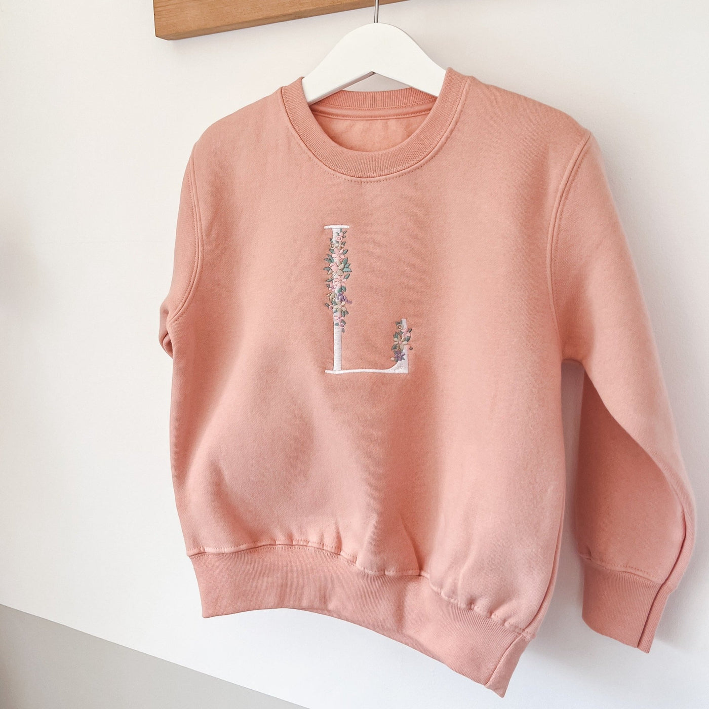 Dusty Pink Embroidered Floral Initial Sweater - Amber and Noah