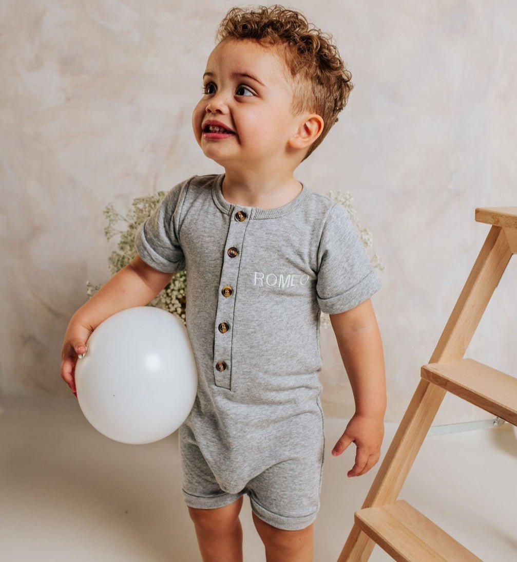 Grey Embroidered Summer Romper - Amber and Noah