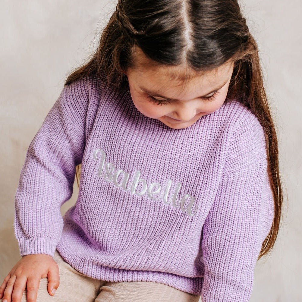 Lilac Knitted Personalised Jumper - PRE ORDER - Amber and Noah