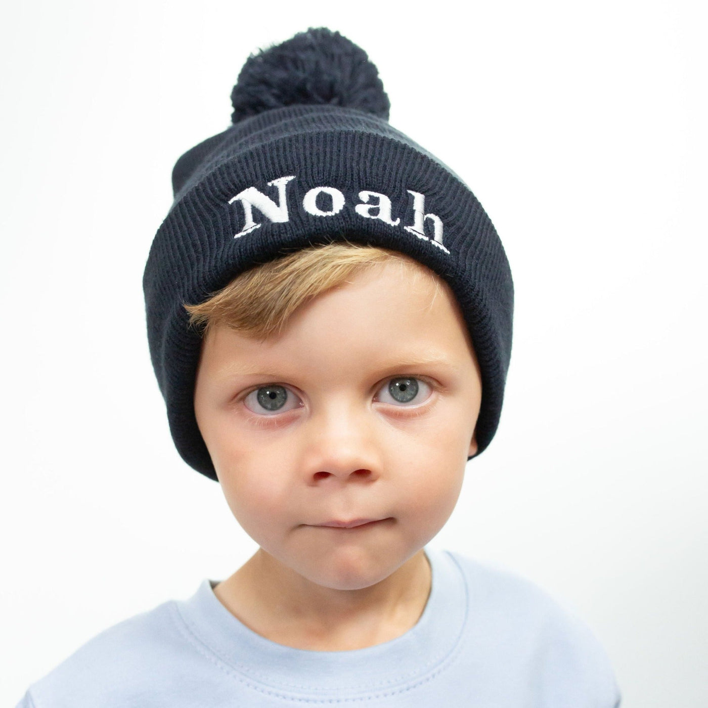Navy Personalised Pom Beanie Hat - Amber and Noah
