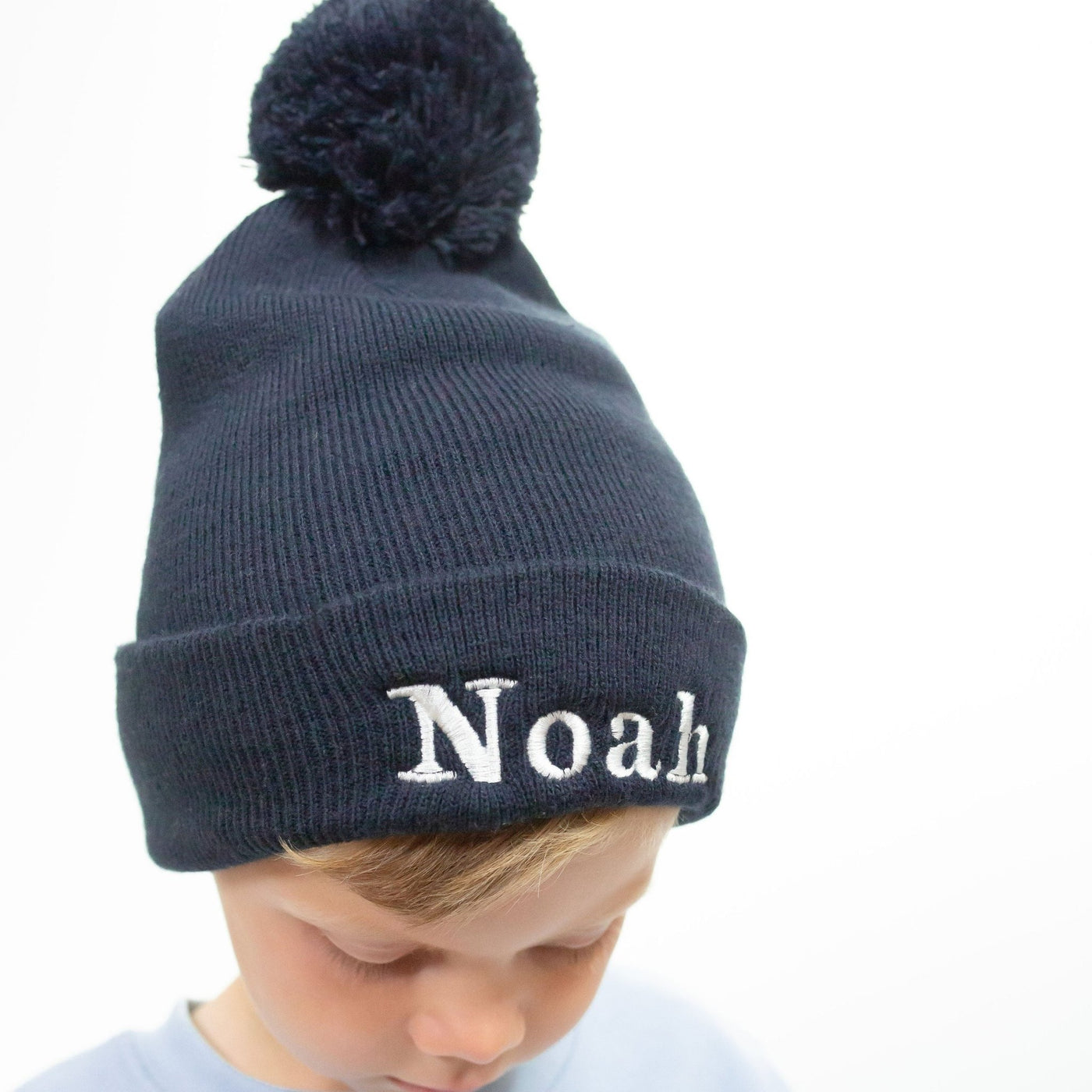 Navy Personalised Pom Beanie Hat - Amber and Noah