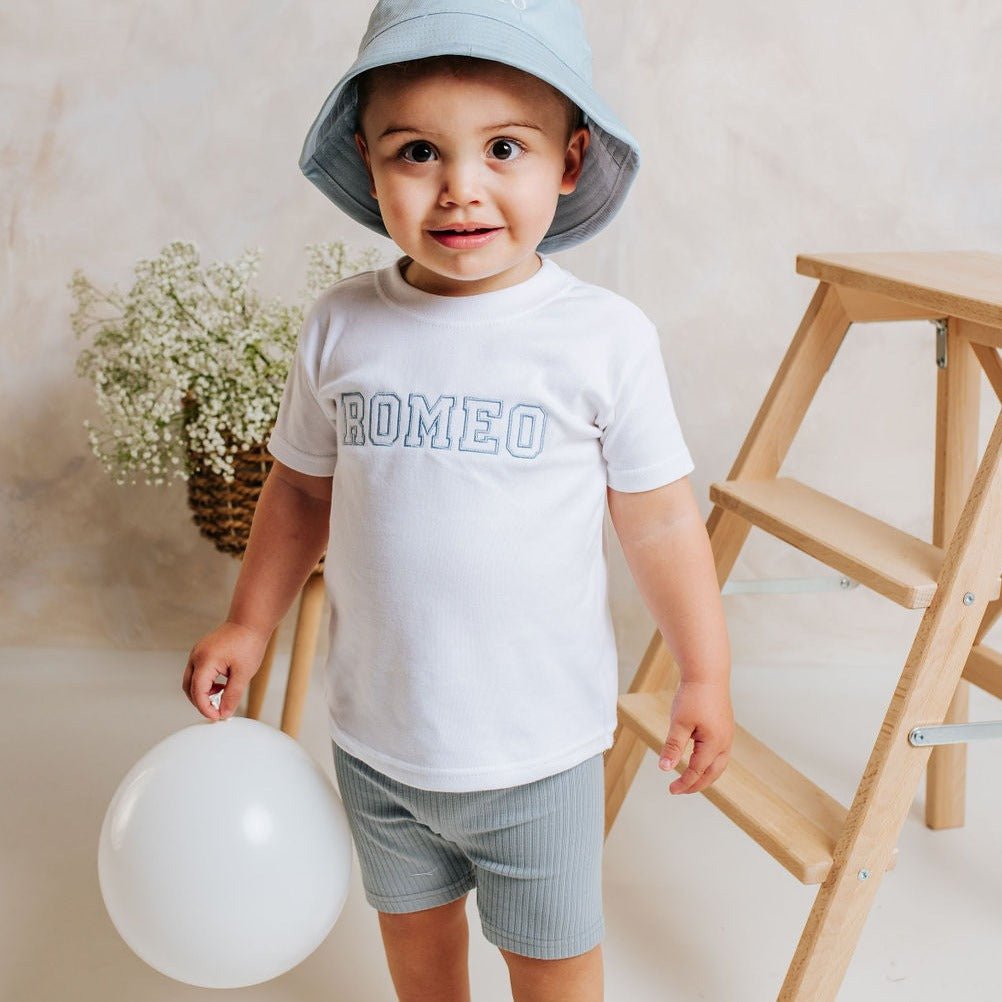 Personalised Tshirt and Dusty Blue Cycling Short Set - Amber and Noah