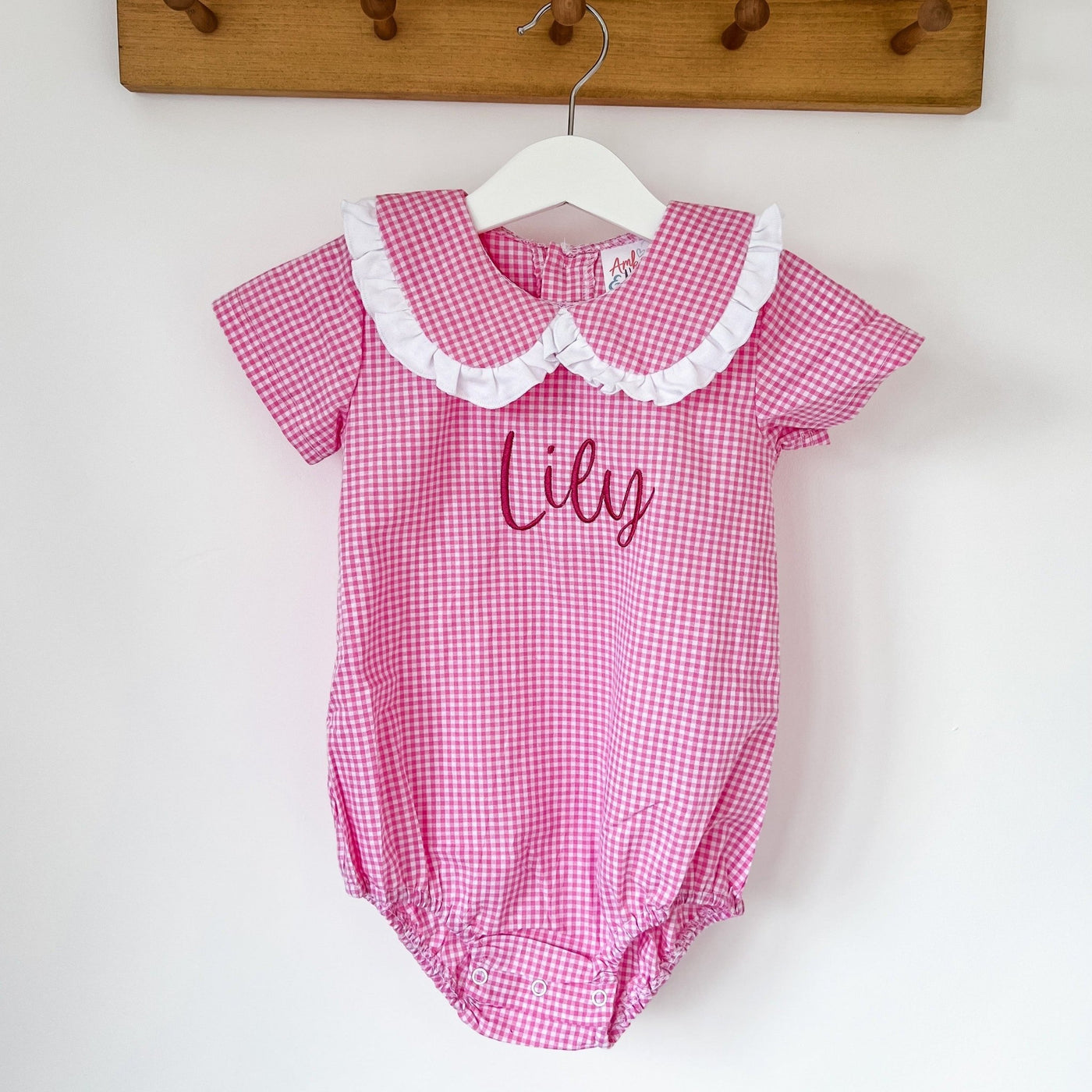 Pink Gingham Short Sleeve Personalised Romper - Amber and Noah