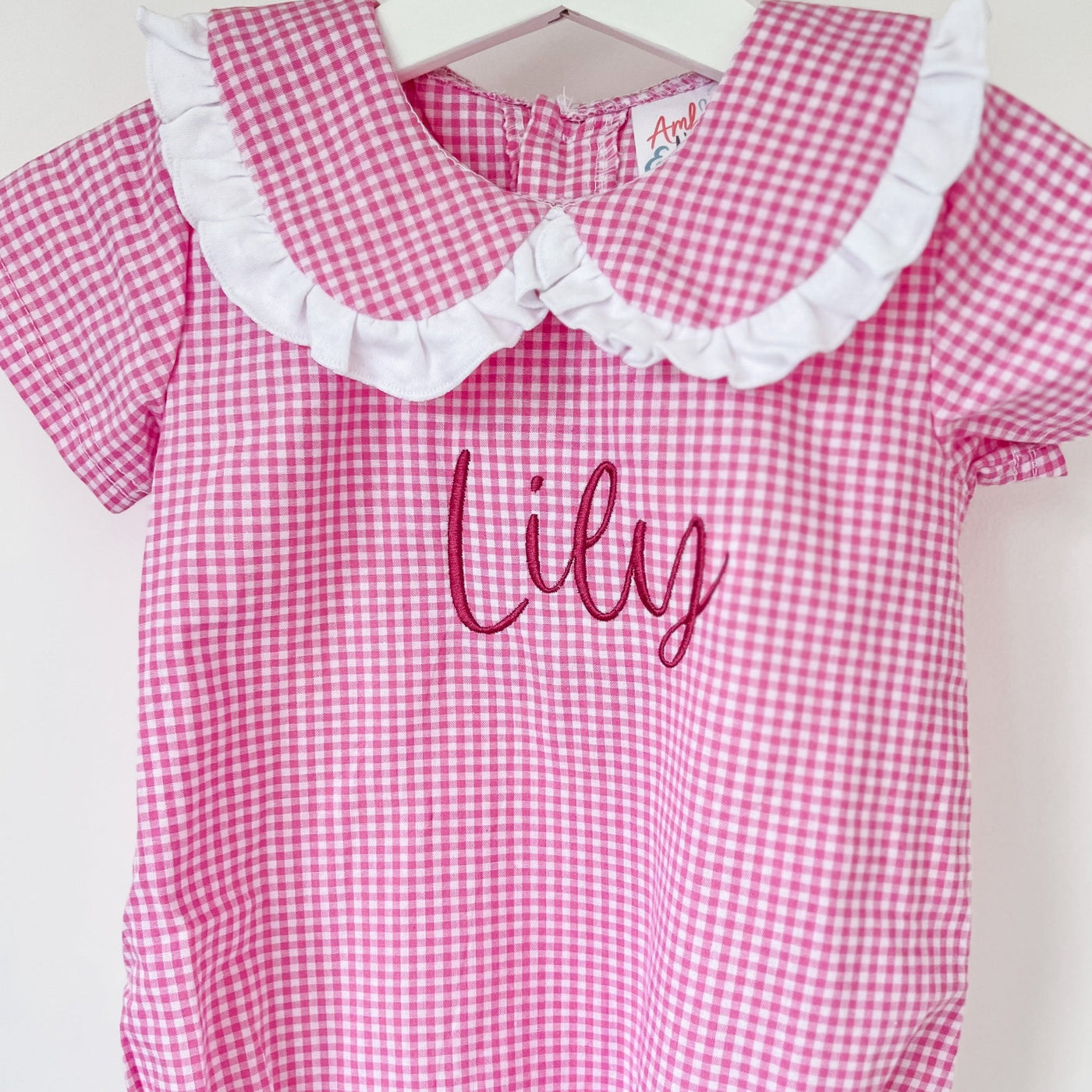 Pink Gingham Short Sleeve Personalised Romper - Amber and Noah