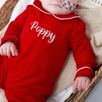 Red Personalised Christmas Baby Grow - Amber and Noah