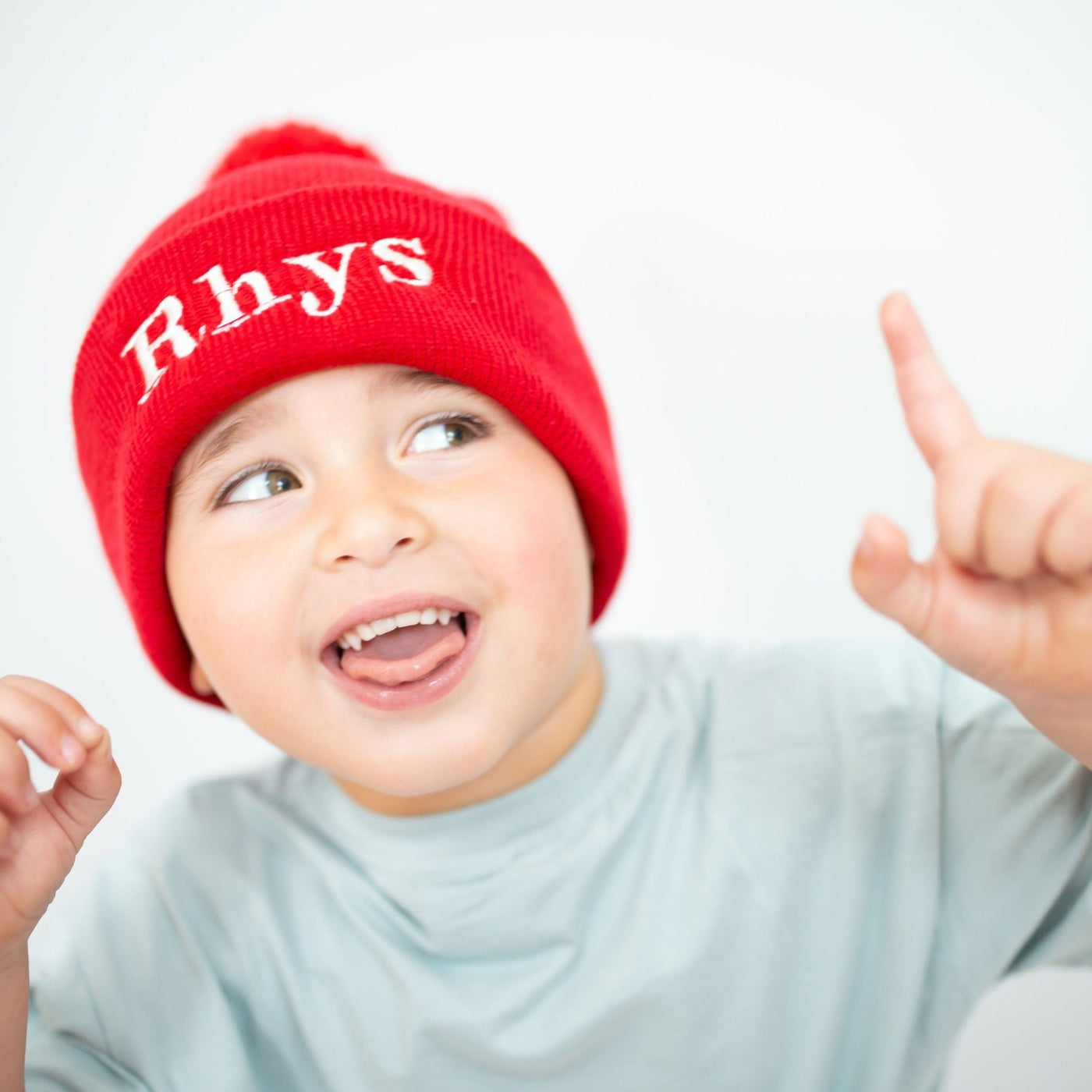 Red Personalised Pom Beanie Hat - Amber and Noah