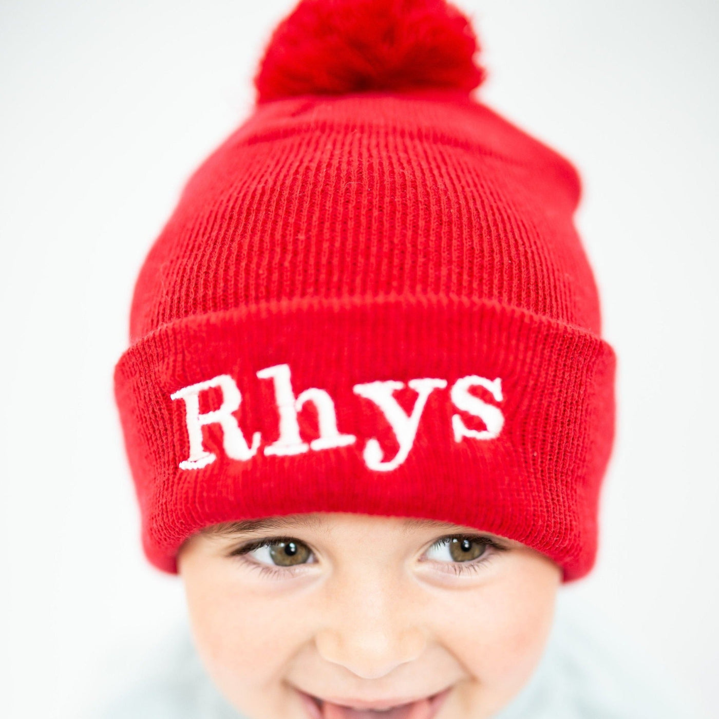 Red Personalised Pom Beanie Hat - Amber and Noah